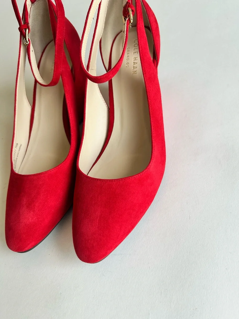 New Cole Haan Red Suede Leather Almond Toe Ankle Strap Wedge Heels size 7.5